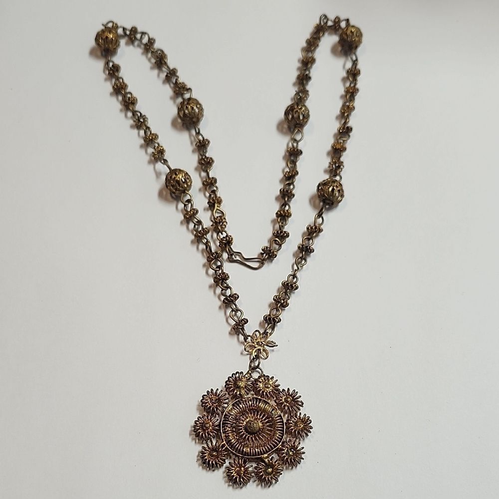 A fire gilded brass/copper filigree woman's reliquary necklace "tambourine"